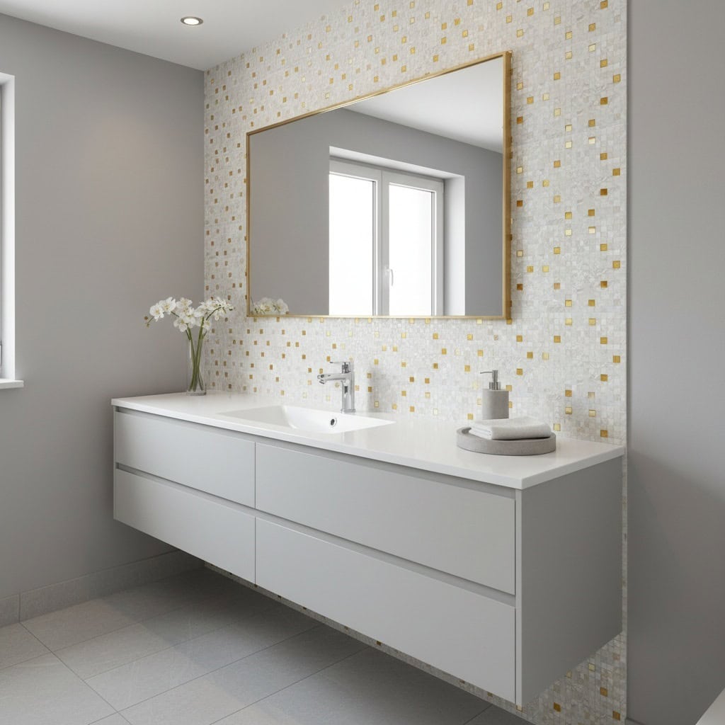 A modern bathroom featuring a sleek white vanity with a large mirror, decorated with mother of pearl shell tiles on the wall.