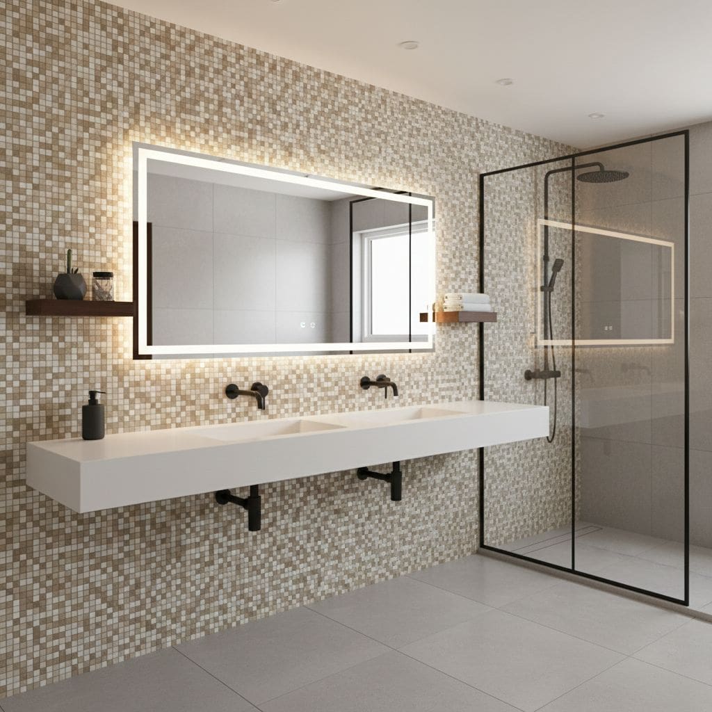 Modern bathroom with peel and stick tile wall and glass shower enclosure.