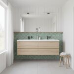 Modern bathroom with peel and stick tile backsplash, wooden vanity, and minimalist decor.