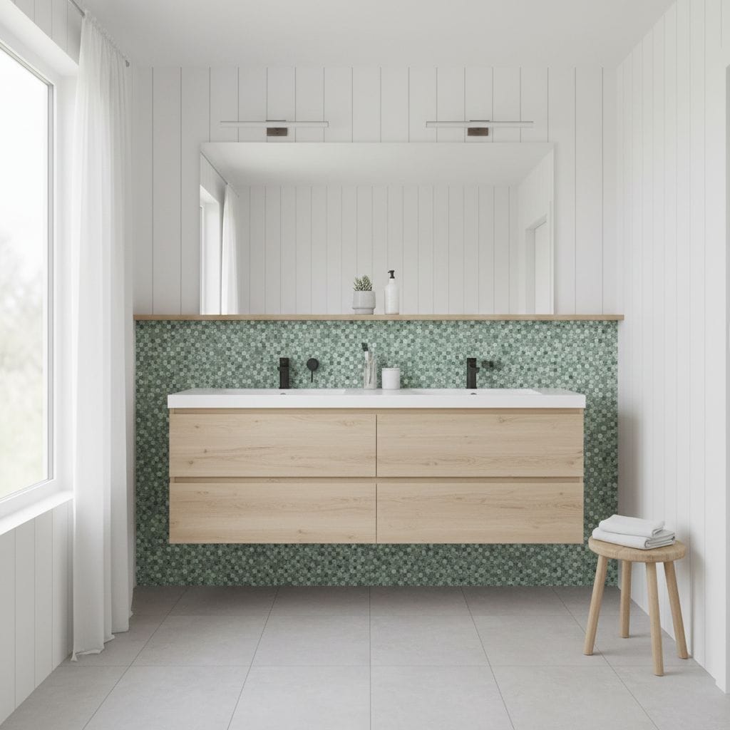 Modern bathroom with peel and stick tile backsplash, wooden vanity, and minimalist decor.