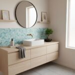 A modern bathroom with a shell tile backsplash, a white vessel sink, and minimal decor, featuring a potted plant and framed a.
