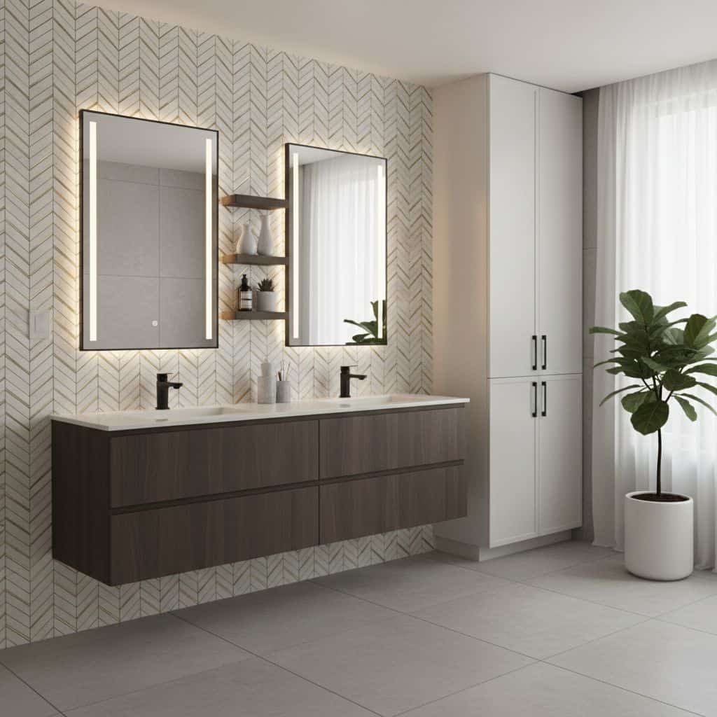 Two illuminated mirrors above a modern bathroom vanity with peel and stick tile backsplash.