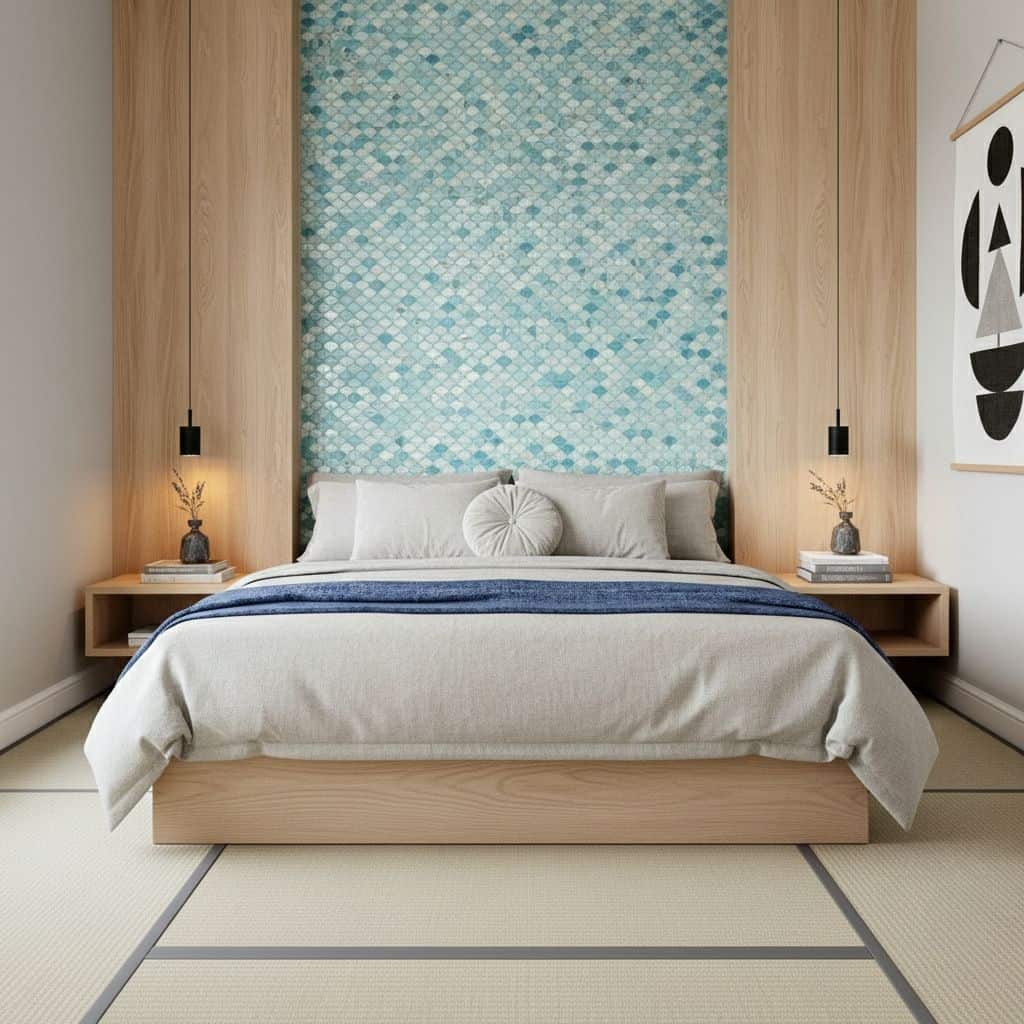 Mother of pearl shell tile accent wall behind the bed in a modern bedroom.