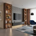 Geometric patterned tile wall with black and white design, complemented by wooden shelves and contemporary decor elements.