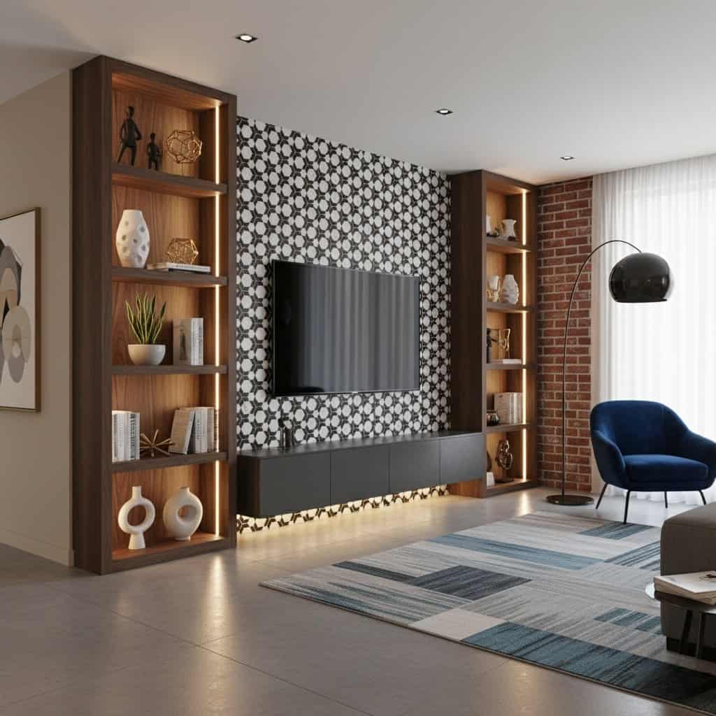 Geometric patterned tile wall with black and white design, complemented by wooden shelves and contemporary decor elements.