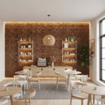 Wood-textured tile wall with built-in shelves and warm lighting, creating a cozy dining space.