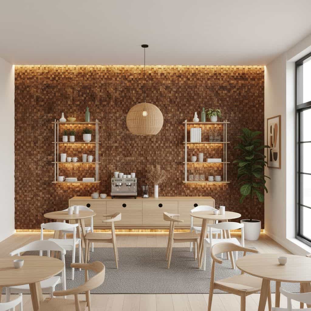 Wood-textured tile wall with built-in shelves and warm lighting, creating a cozy dining space.