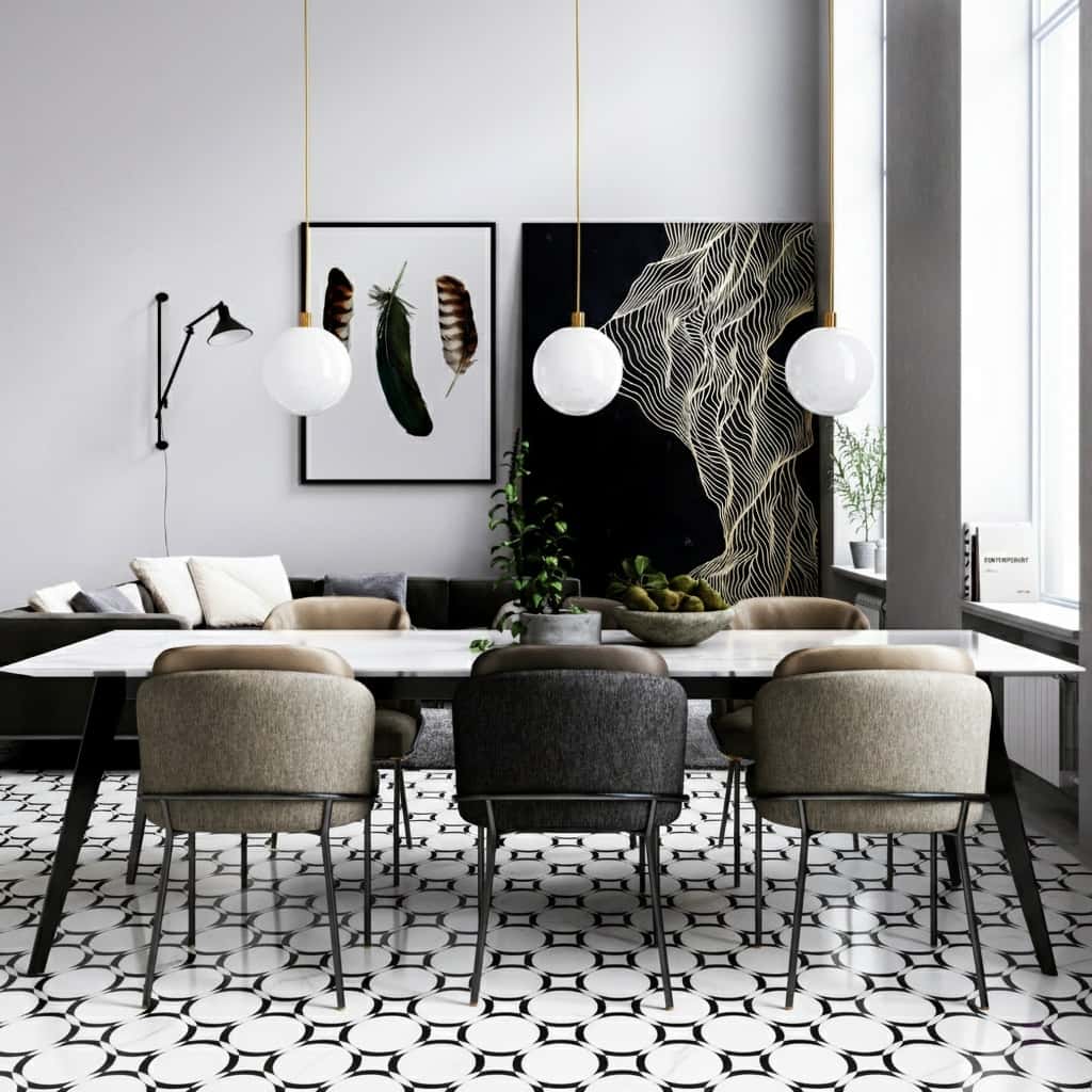 Black and white patterned ceramic tiles with a geometric design, complementing the contemporary decor and natural light in th.