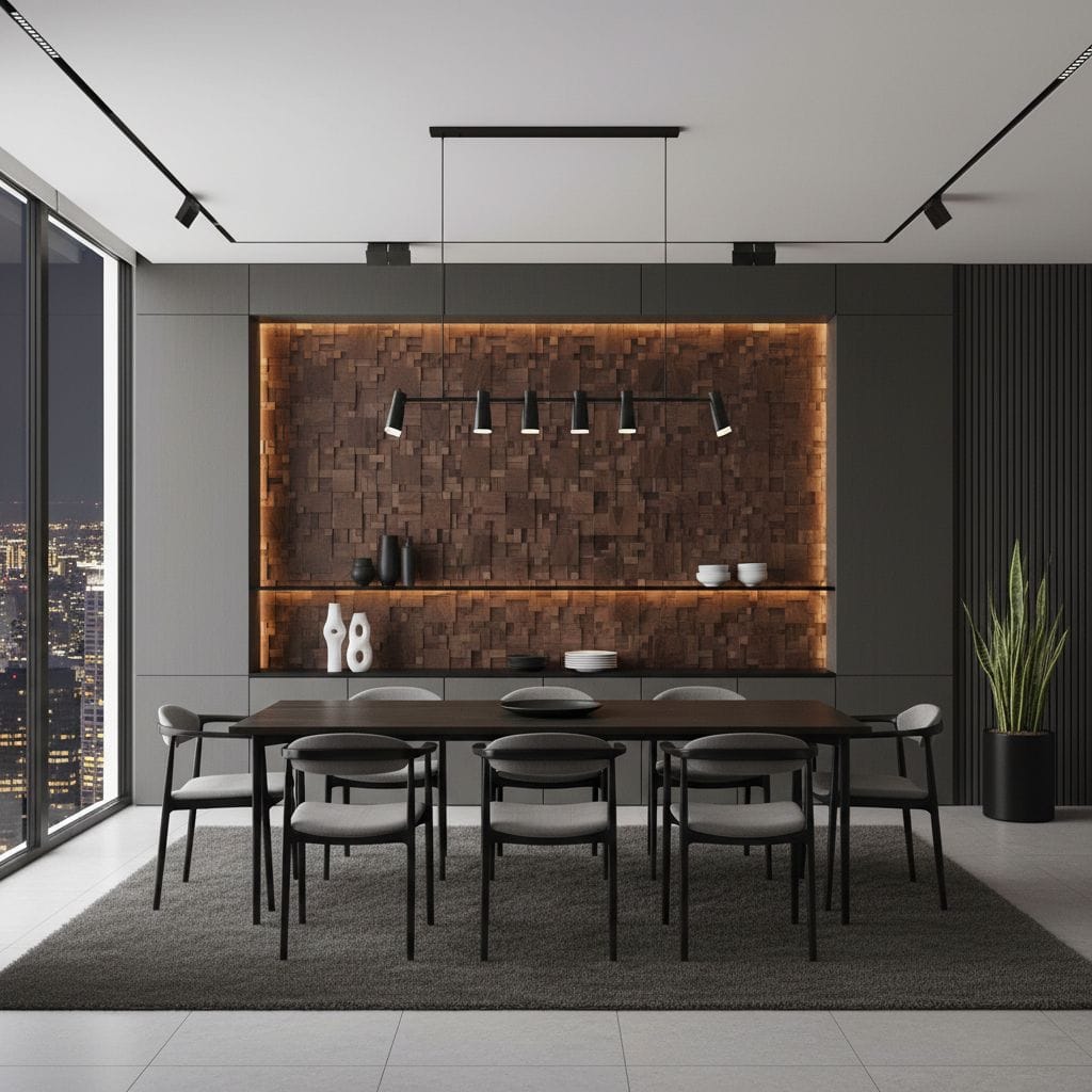 Dark brown textured brick wall tile with a matte finish, used as a feature wall in a contemporary dining room.