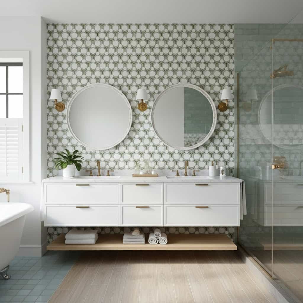 White hexagon tile wall with textured surface, gold fixtures, and two round mirrors in a modern bathroom.