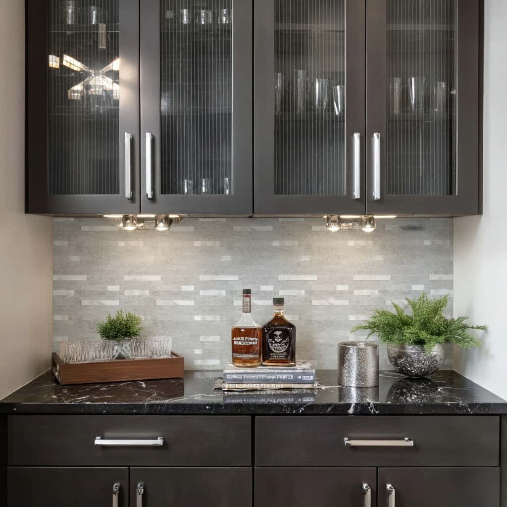 Modern kitchen with peel and stick tile backsplash, dark cabinets, and decorative plants.