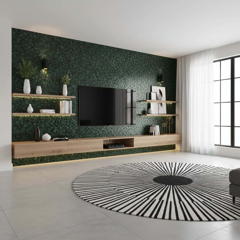 Modern living room with peel and stick wall tile, flat-screen TV, and minimalist decor. Bright space with natural light and s.