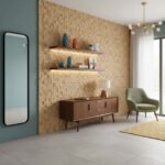 Light beige textured ceramic tiles with a matte finish, creating a warm and inviting wall feature.