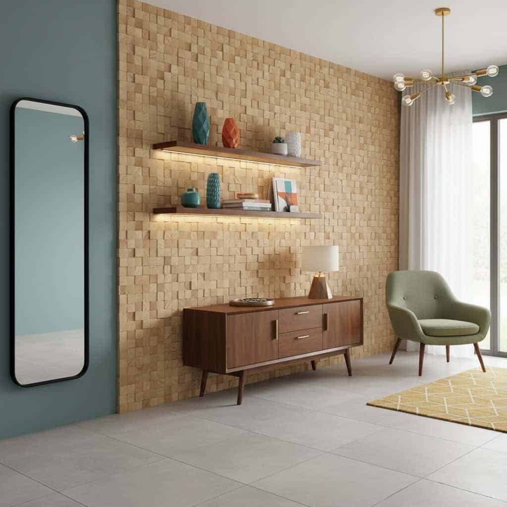 Light beige textured ceramic tiles with a matte finish, creating a warm and inviting wall feature.