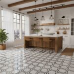 Bright kitchen with white and black geometric patterned tiles, wooden accents, and natural light.
