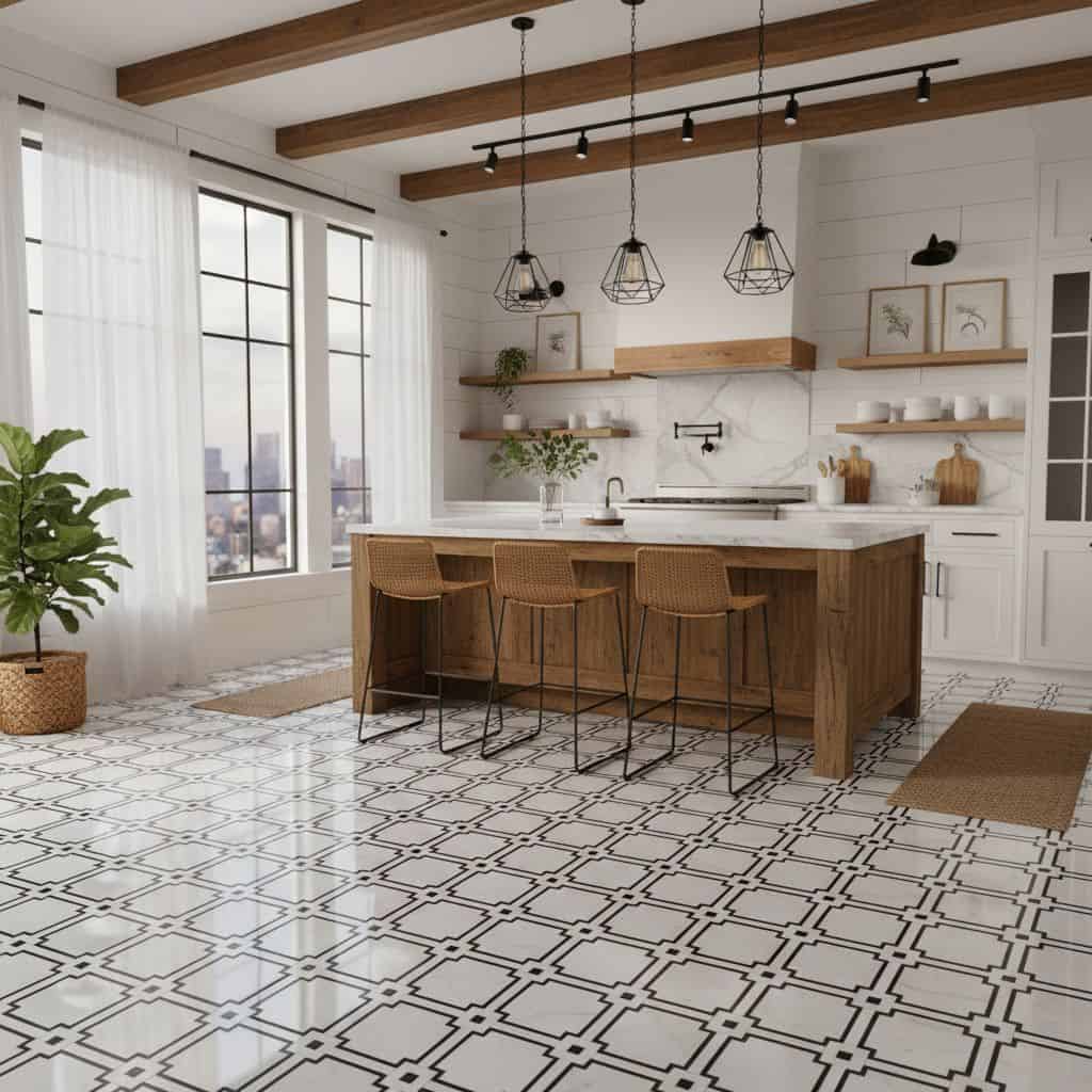 Bright kitchen with white and black geometric patterned tiles, wooden accents, and natural light.