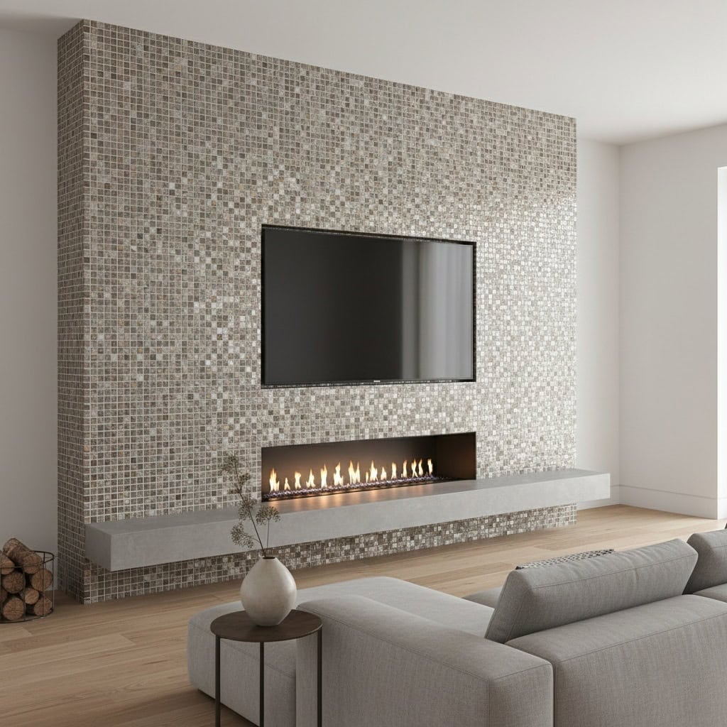 Mother of pearl shell tile wall featuring a modern fireplace and flat-screen TV in a contemporary living room.