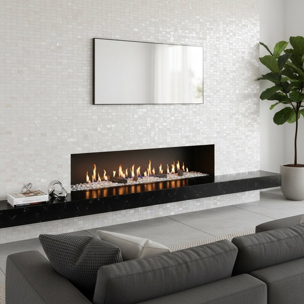 Elegant shell tile wall with a modern fireplace and mirror.