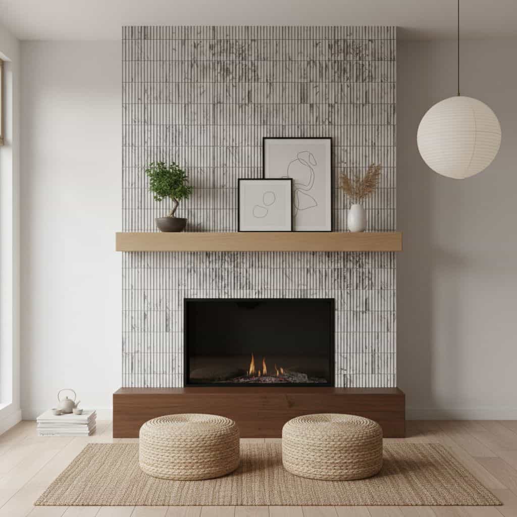 A contemporary fireplace wall featuring gray textured tiles with a subtle linear pattern, complemented by minimalist decor an.
