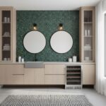 Two round mirrors above a peel and stick tile backsplash in a modern kitchen.