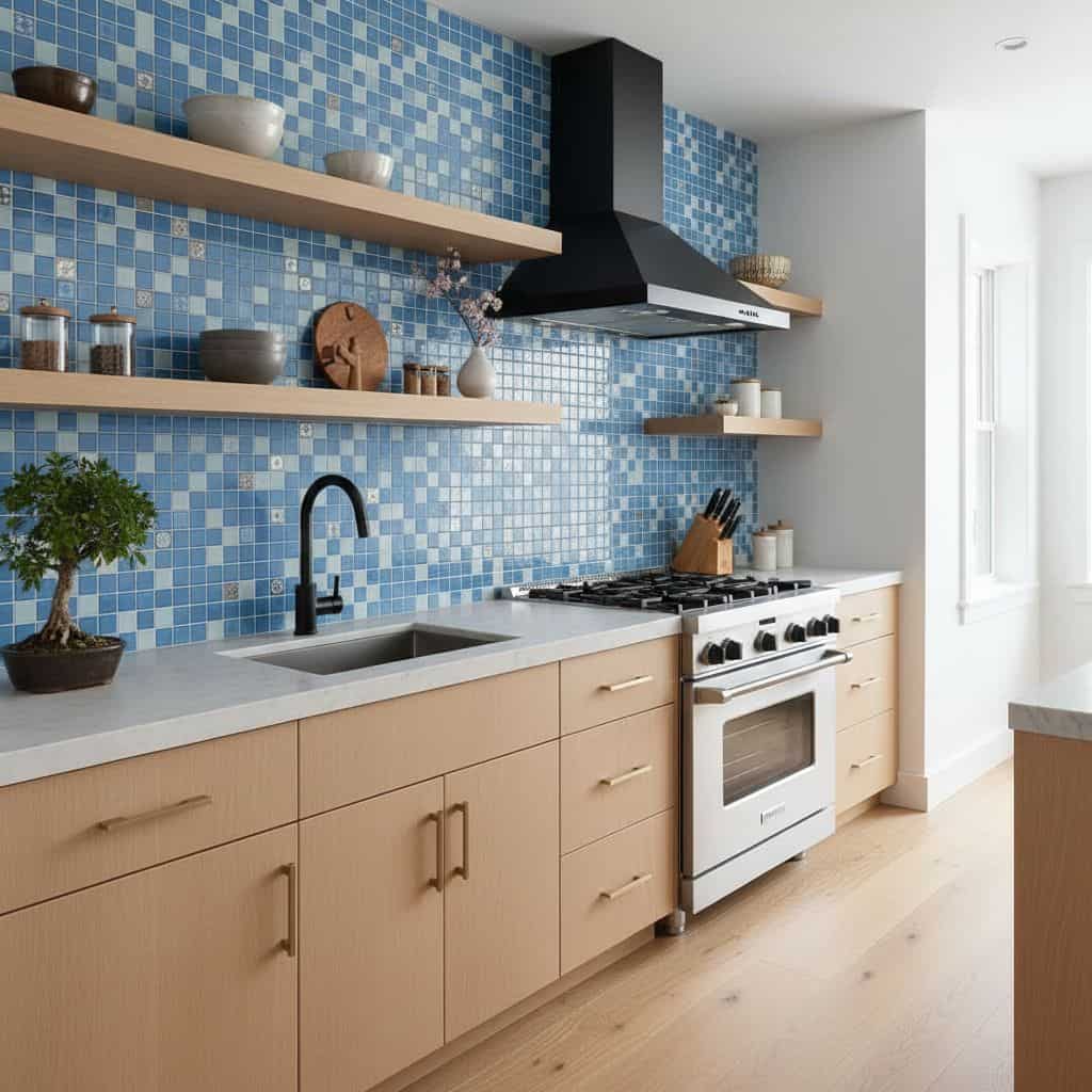 Blue glass mosaic tile backsplash behind stove and sink.