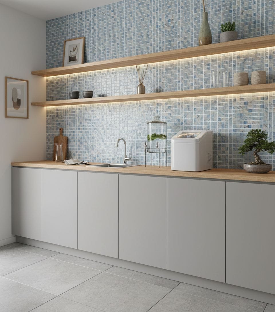 Glass tile backsplash with blue mosaic design in contemporary kitchen setting.