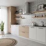 Removable peel and stick tile backsplash in a modern kitchen with geometric pattern and natural wood accents.
