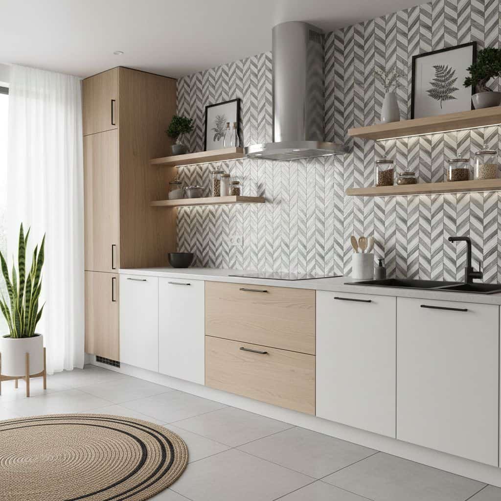 Removable peel and stick tile backsplash in a modern kitchen with geometric pattern and natural wood accents.
