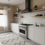 Peel and stick wall tile backsplash in a modern kitchen with white cabinets and open wooden shelves.