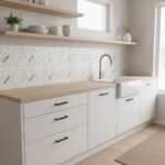 Mother of pearl shell tile backsplash with white and green accents in a modern kitchen.