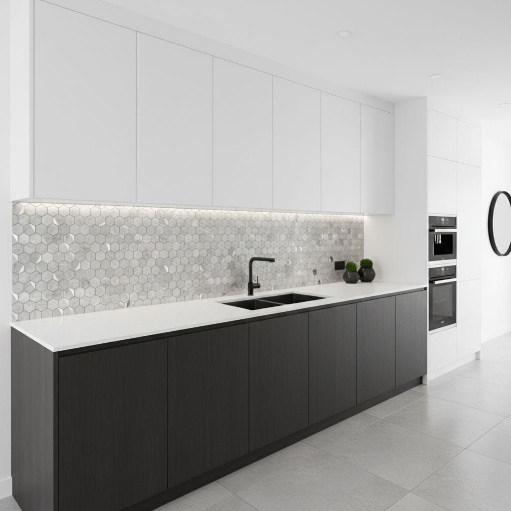 A modern kitchen featuring peel and stick tile backsplash with hexagonal design, white upper cabinets, and black lower cabine.
