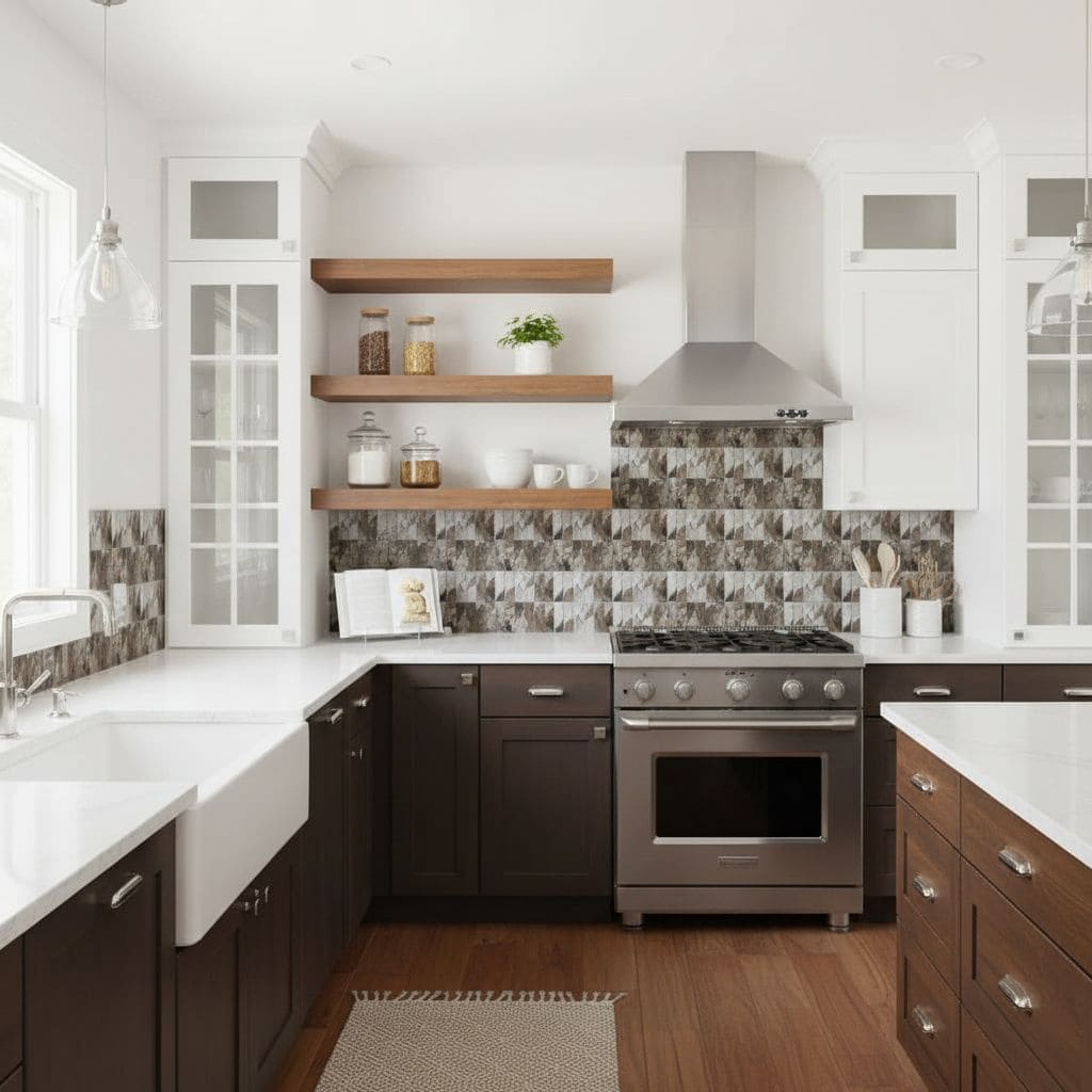 Modern kitchen with glass mosaic tile backsplash and stainless steel stove.