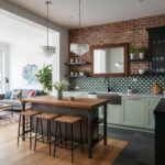 Green patterned ceramic tiles with a glossy finish, used as a backsplash in the kitchen.