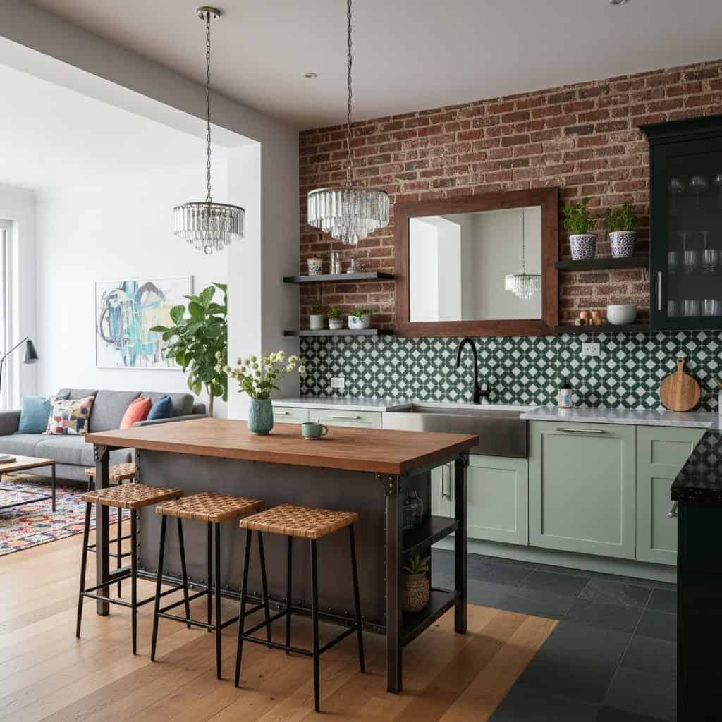 Green patterned ceramic tiles with a glossy finish, used as a backsplash in the kitchen.