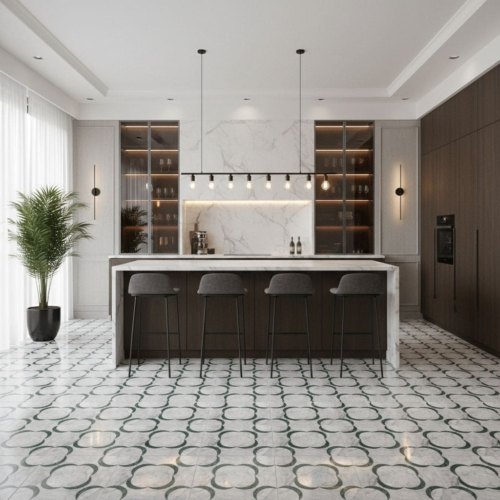 Elegant marble tile with a white and gray pattern, smooth texture, and polished finish.