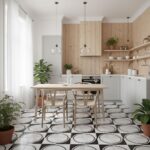 Bright kitchen with white cabinetry, light wood accents, and black-and-white geometric patterned tiles. Decor includes potted.