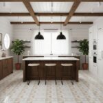 Bright kitchen featuring white cabinetry, wooden accents, and a geometric patterned tile floor. Elegant lighting and lush gre.
