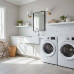 Mother of pearl shell tile decorates the laundry room wall, adding a subtle shimmer and elegant touch to the space.