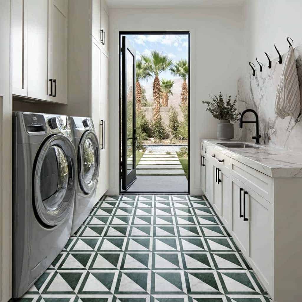 Bright geometric patterned tile with green and white colors.