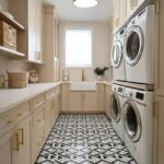 Bright laundry room with white cabinetry and gold accents, featuring a black and white geometric patterned tile floor.