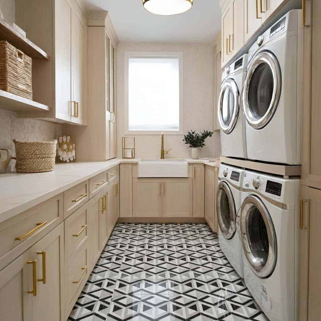 Bright laundry room with white cabinetry and gold accents, featuring a black and white geometric patterned tile floor.