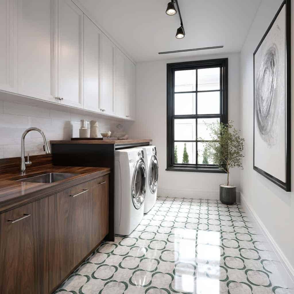 Bright laundry room with white and gray patterned ceramic tiles, wooden cabinetry, and a large window for natural light.