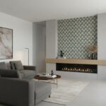 Geometric patterned wall tile in black and white, with a textured surface, used as a decorative accent in modern living room.