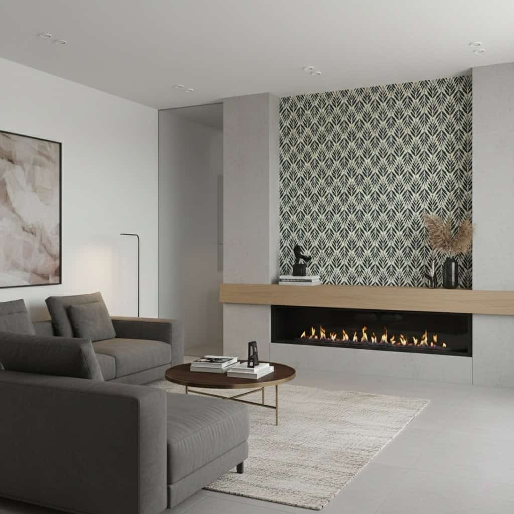 Geometric patterned wall tile in black and white, with a textured surface, used as a decorative accent in modern living room.
