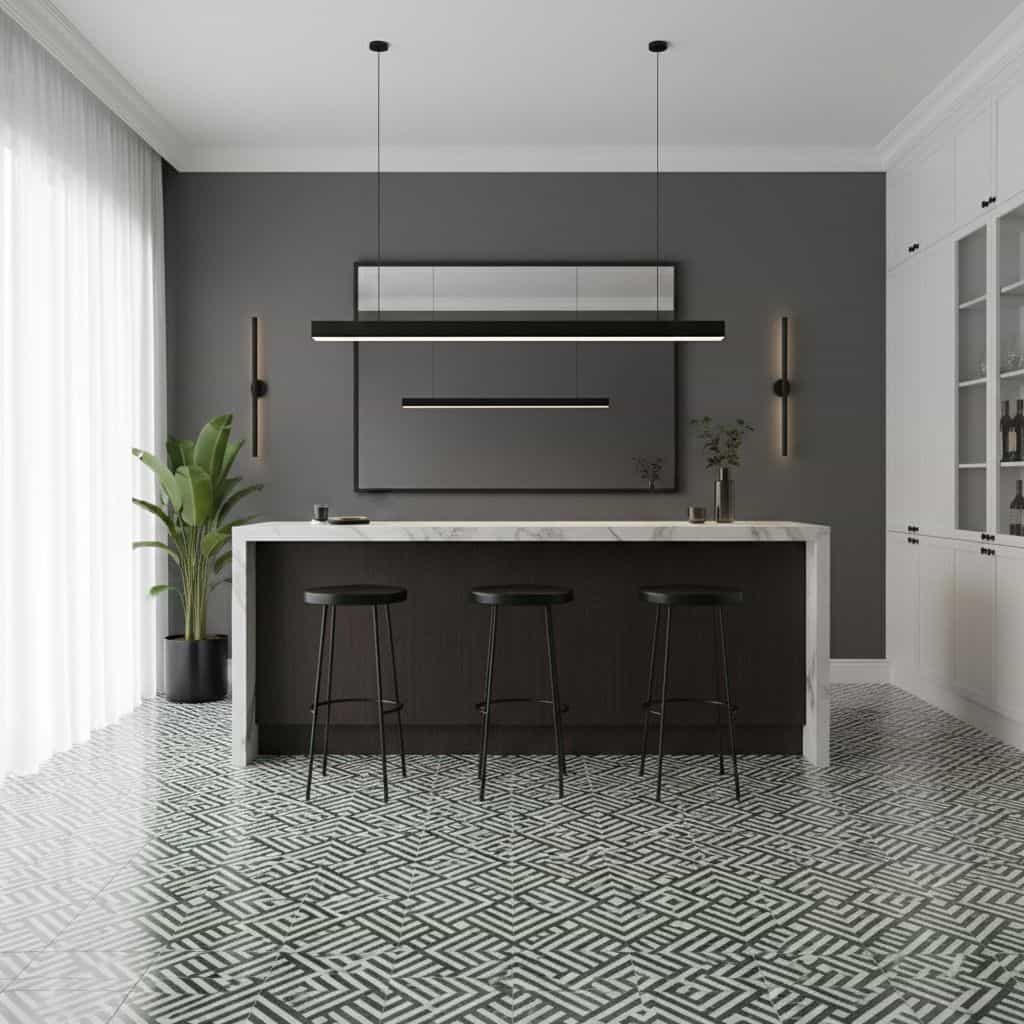 Gray textured wall with sleek black pendant lights and a white marble countertop.