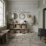Warm beige and gray chevron patterned wallpaper, natural wood accents, and vintage decor create a welcoming rustic atmosphere.