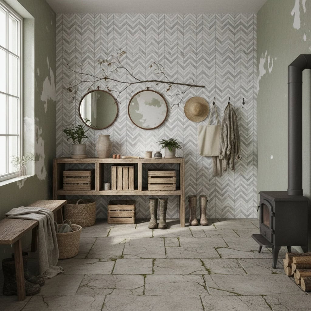 Warm beige and gray chevron patterned wallpaper, natural wood accents, and vintage decor create a welcoming rustic atmosphere.