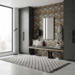 Modern entryway with peel and stick tile backsplash and wall accents.