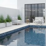 Glass tile backsplash, pool tile, modern outdoor decor, sleek poolside mosaic, stylish backyard tile.