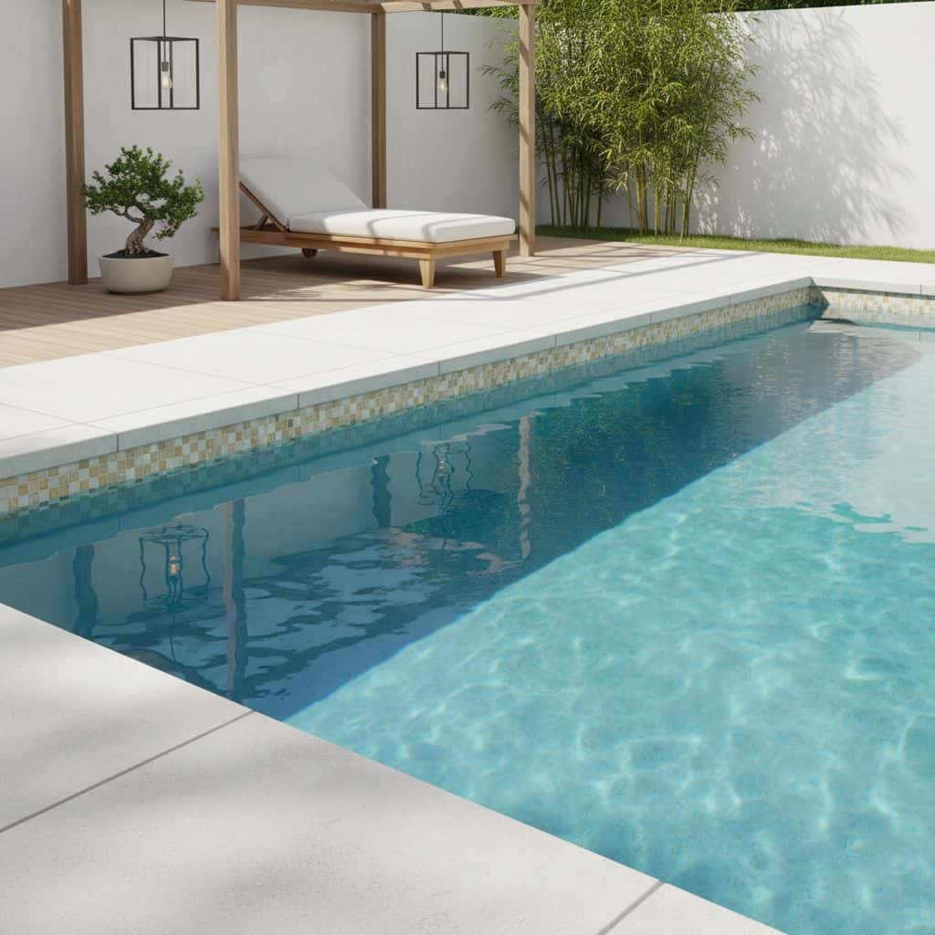 Pool with glass mosaic tile border and surrounding outdoor lounge area.